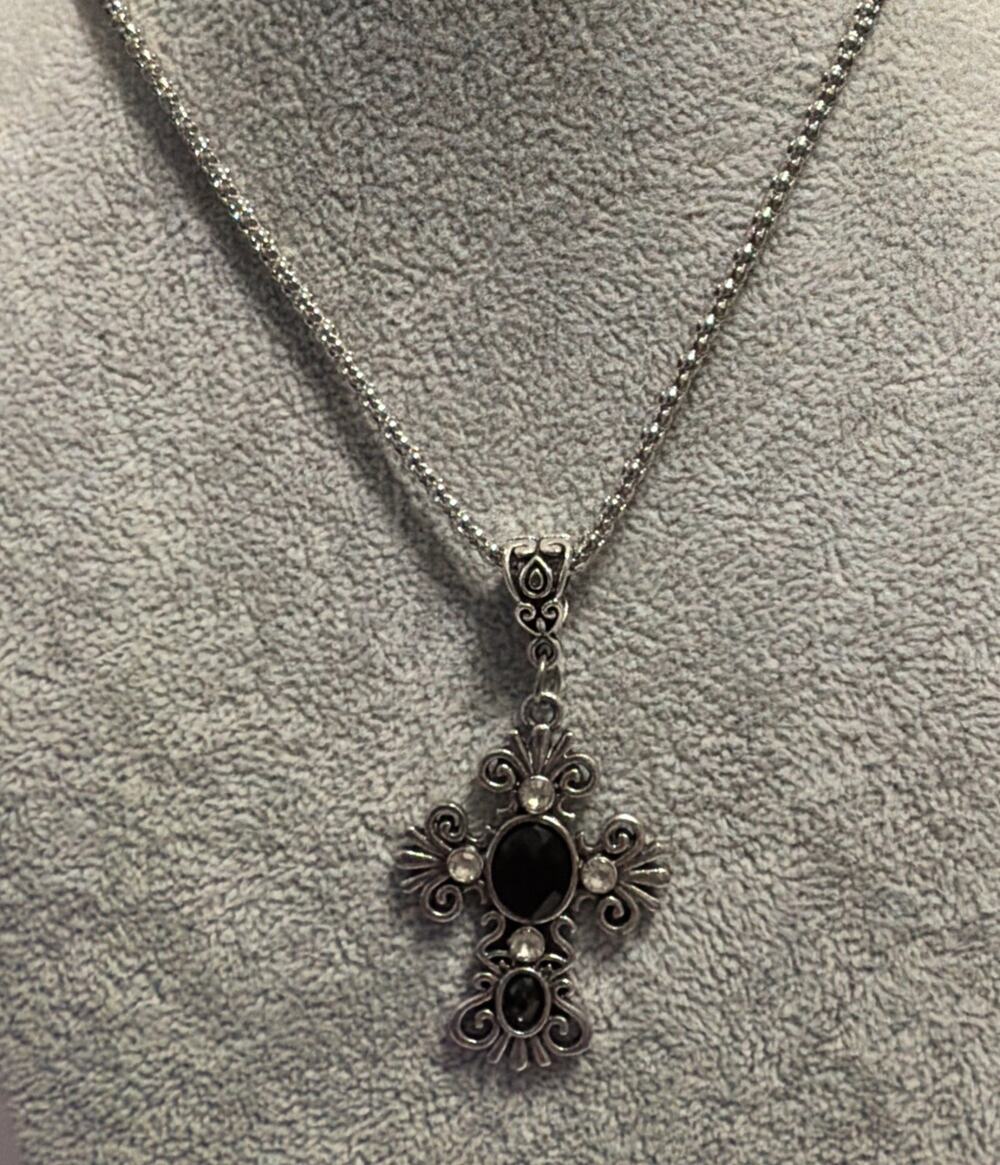 Black cross necklace cross pendant silver chain 18-21" long necklace